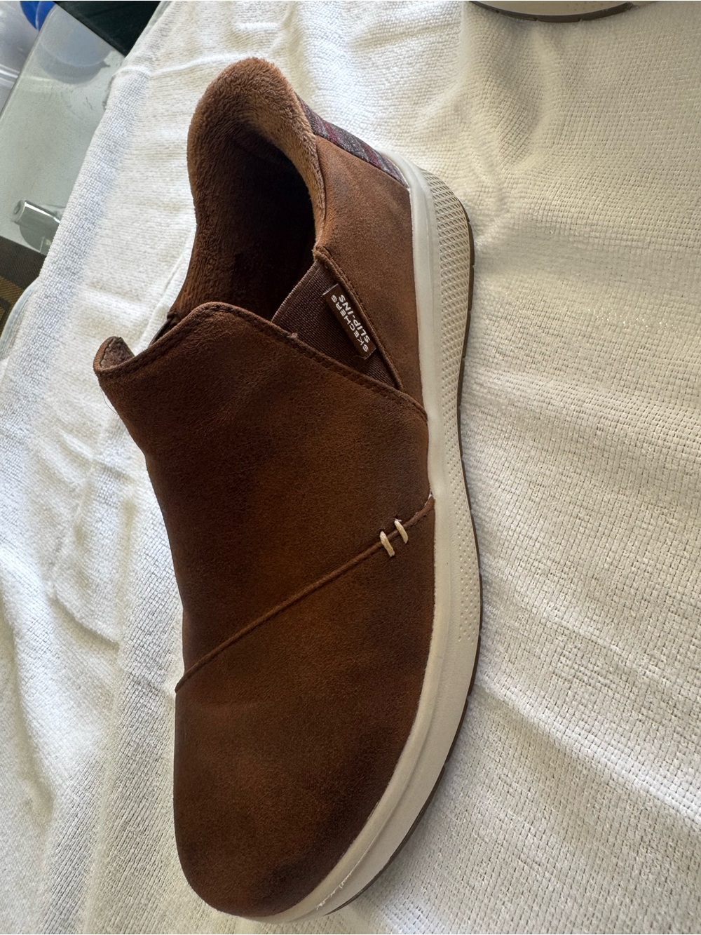 Skechers Tan Slip-On Loafer with Multicolor Striped Heel Panel - Picture 6 of 12